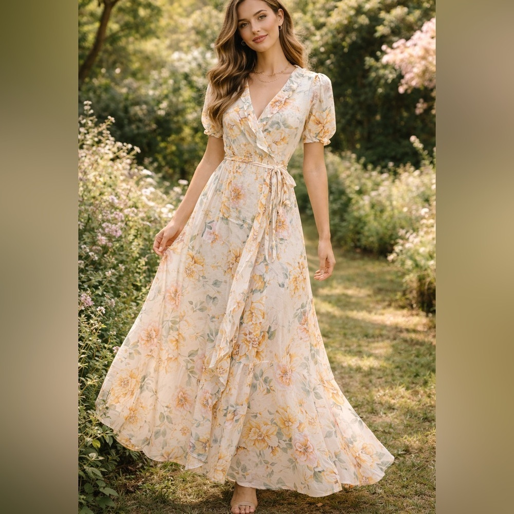 Floral Maxi Wrap Dress Cottagecore Fairy Coquette Romantic Garden Maxi Dress M